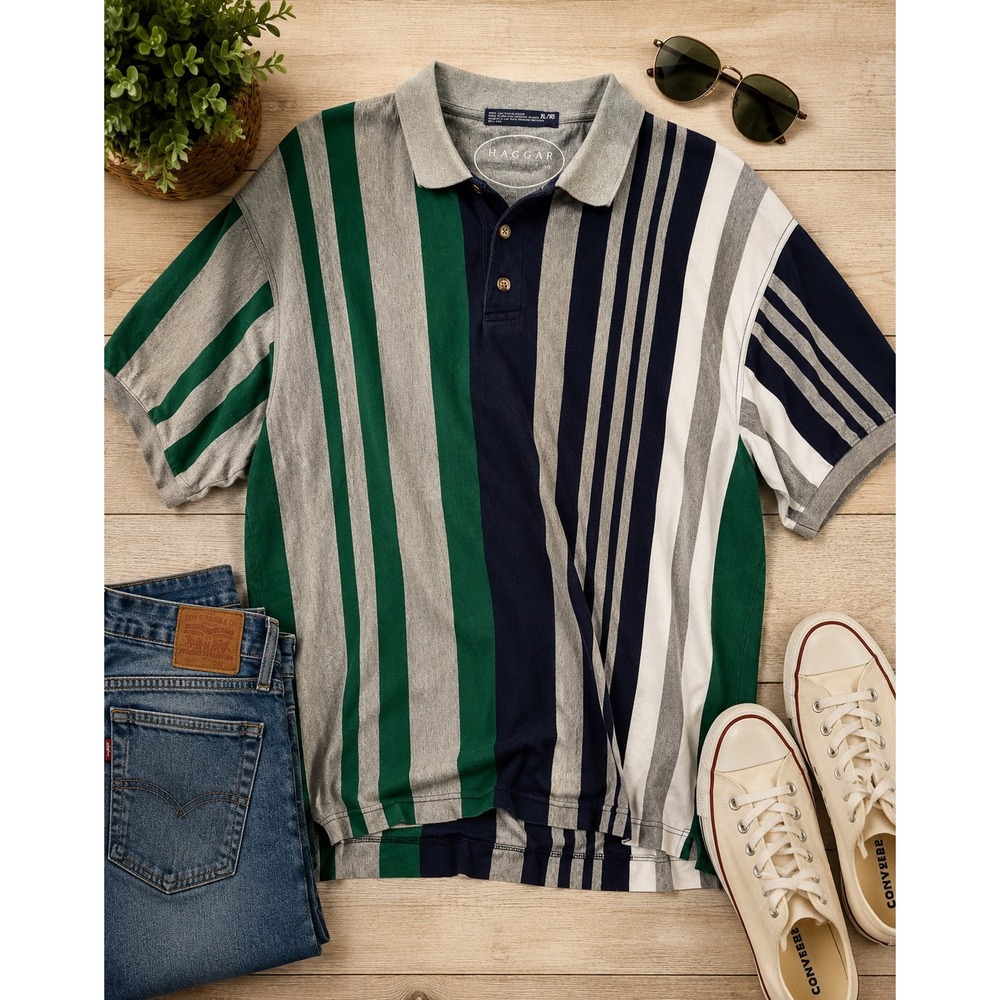 Haggar XL Vintage Style Striped Polo Shirt Gray Green Navy Cotton Short Sleeve